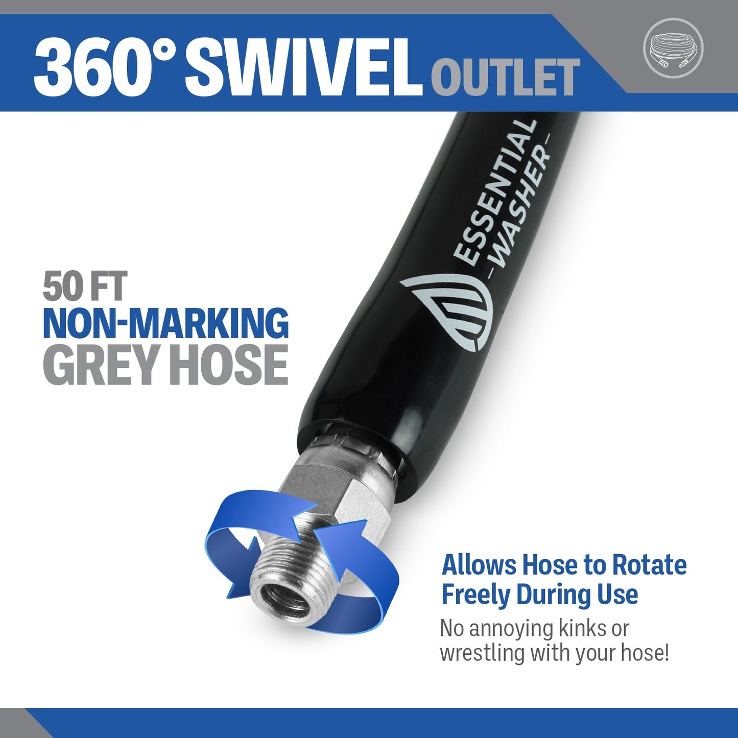 50 FT Grey Pressure Washer Hose | 3/8" Flexibility With Stainless Steel Fittings