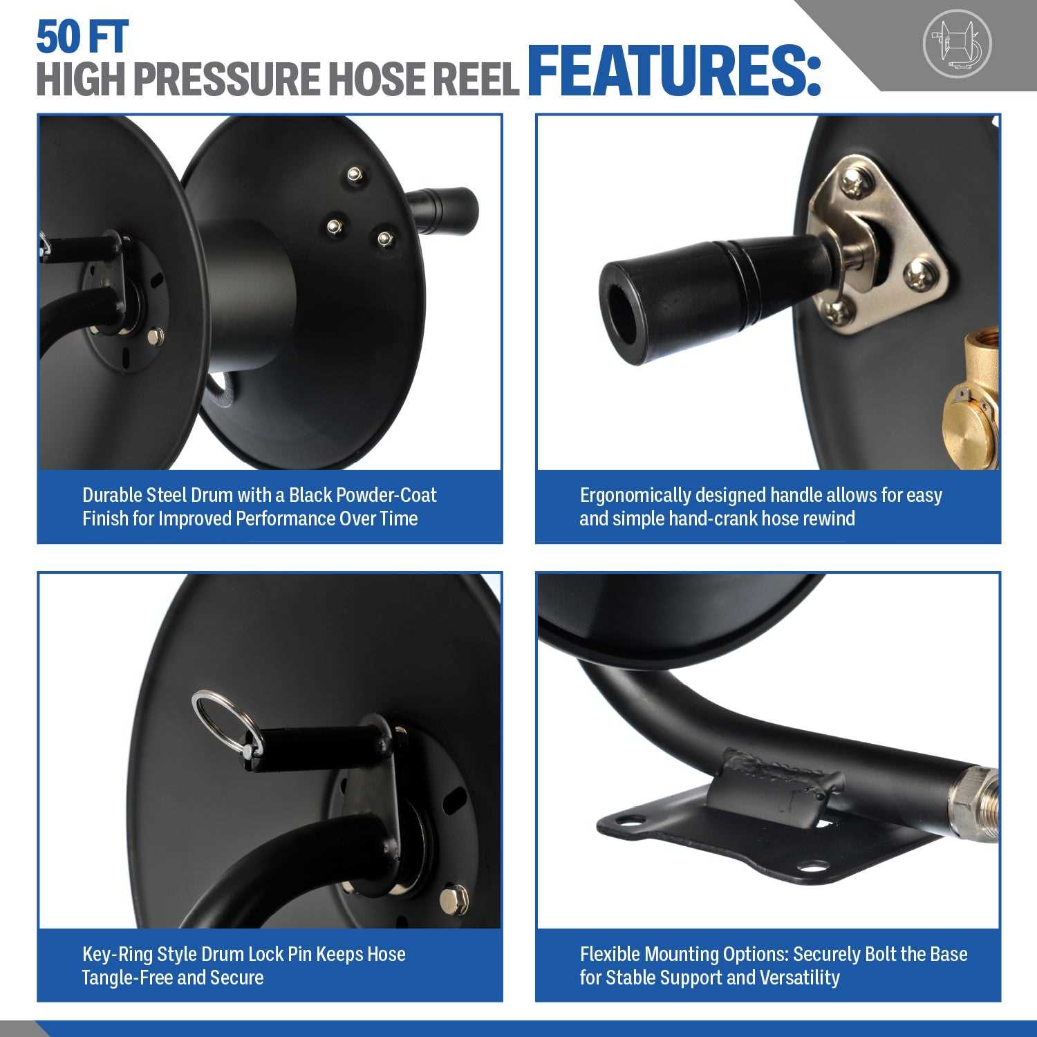 Pressure Washer 50 FT Hose Reel | High-Pressure Commercial Grade