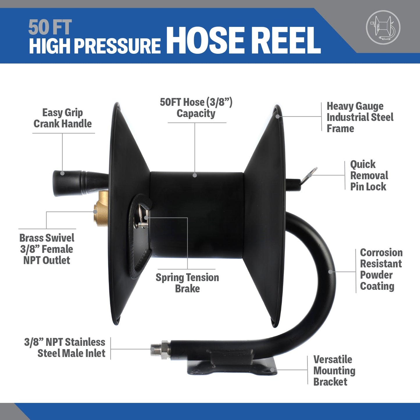 Pressure Washer 50 FT Hose Reel | High-Pressure Commercial Grade