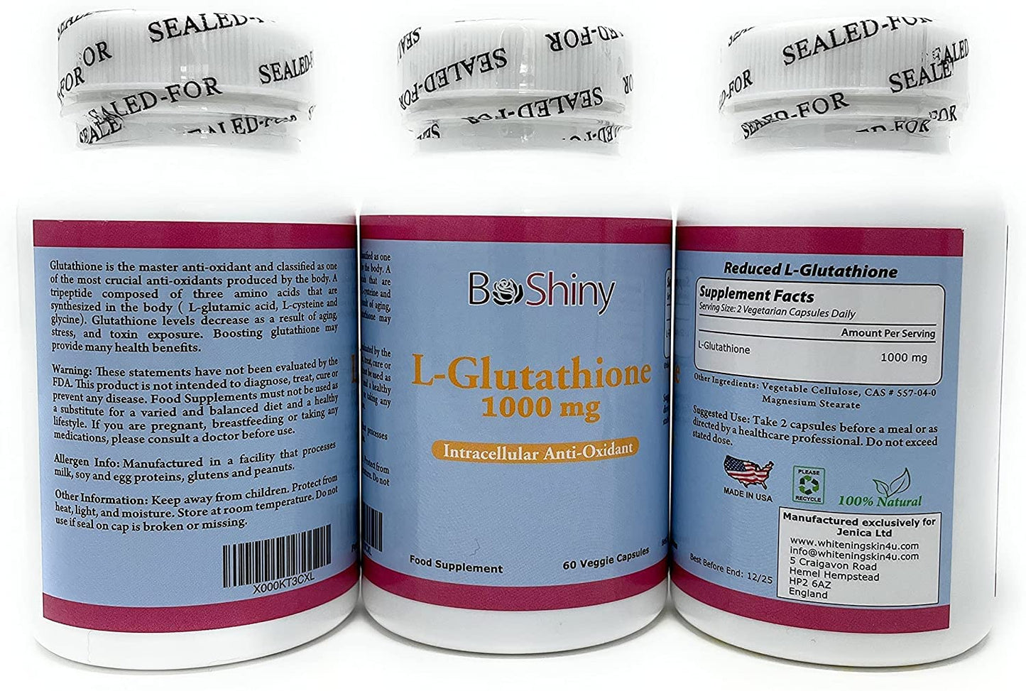 BeShiny Skin Whitening L-Glutathione Intracellular Antioxidant 1000mg (60 Capsules) Skin Lightening