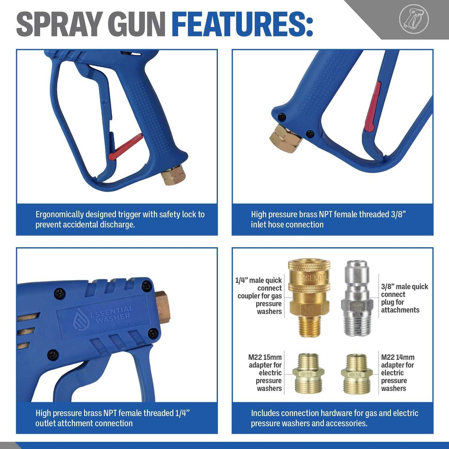 Heavy Duty Spray Gun With Brass Components & M22 Adaptors | Ideal for Electric Pressure Washers