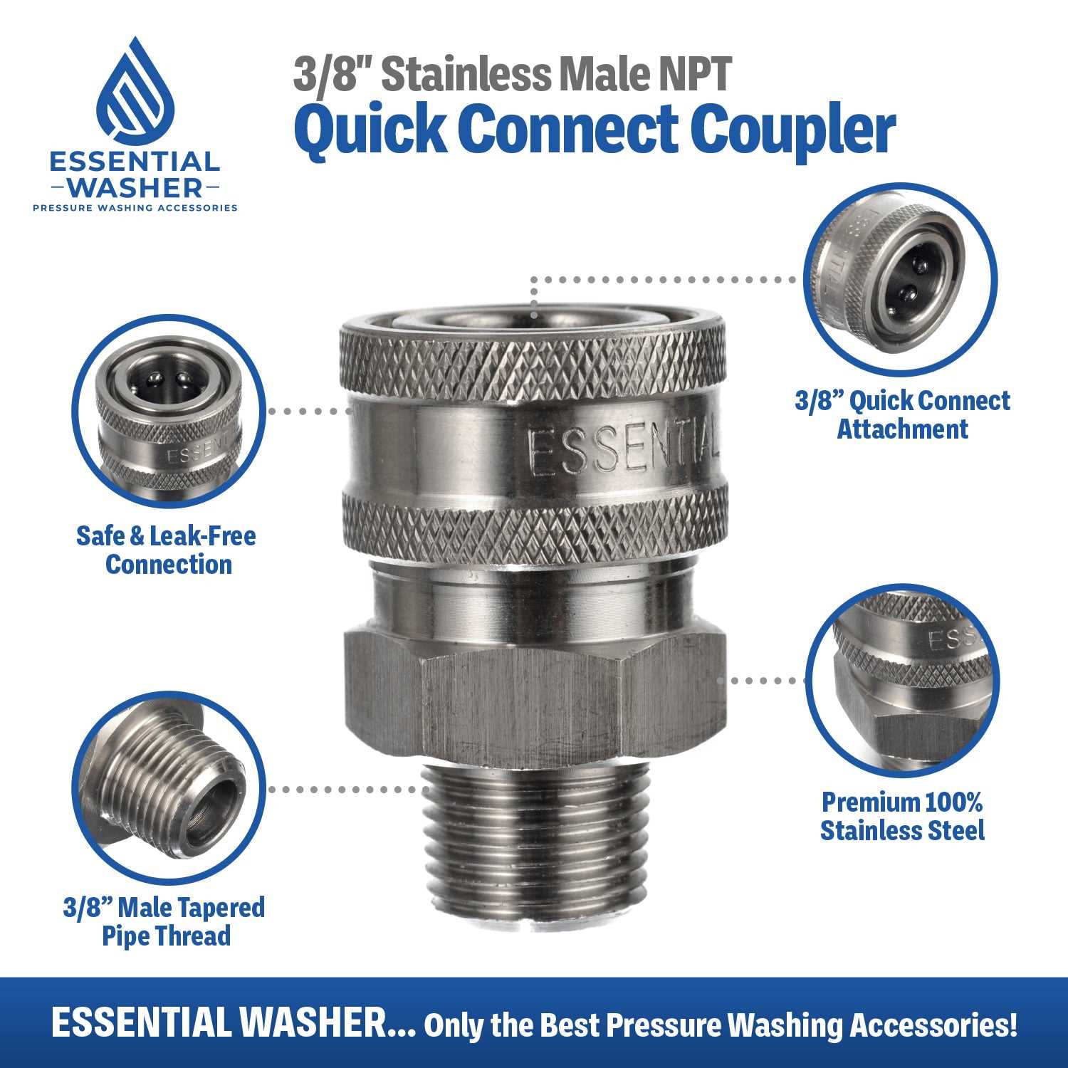 Stainless Steel Pressure Washer Quick Connect Fittings Set Of 2 | Male