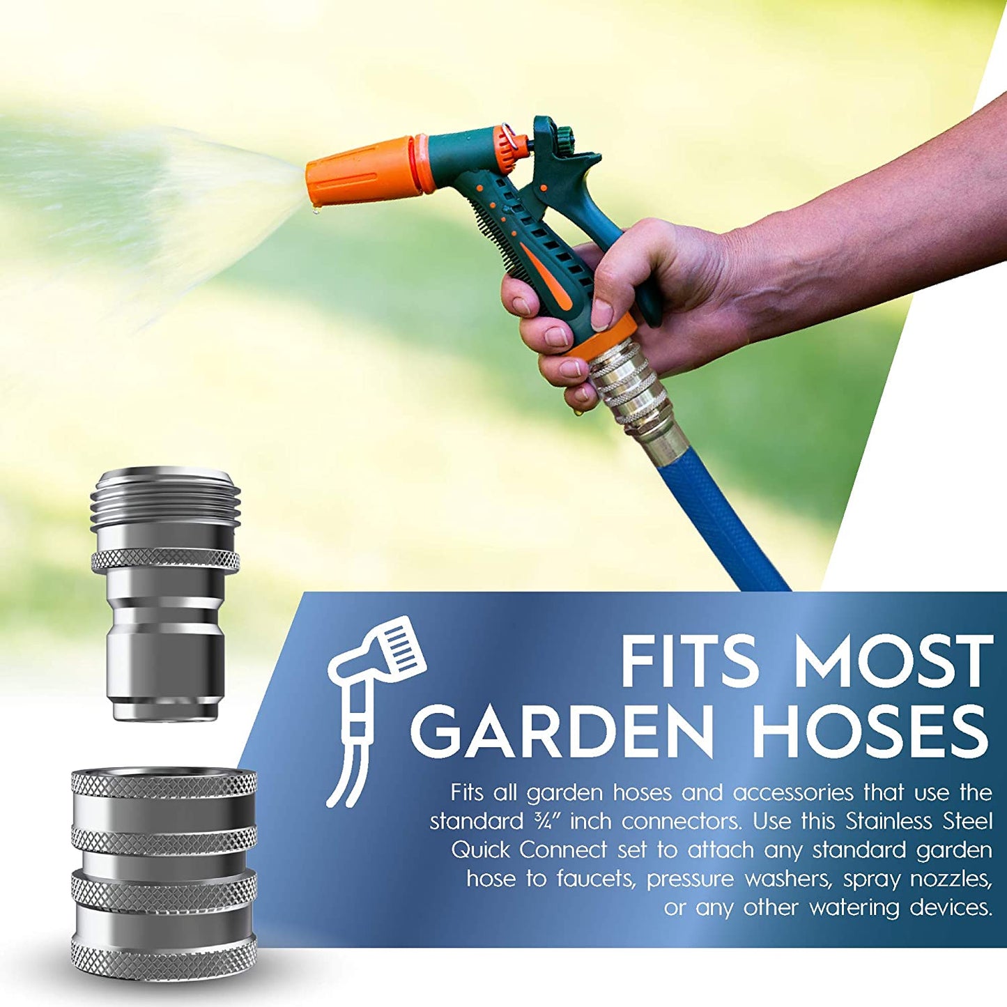 Garden Hose Quick Connect Set | Solid Stainless Steel 3/4" Quick Connect Garden Hose Fittings | 1x3