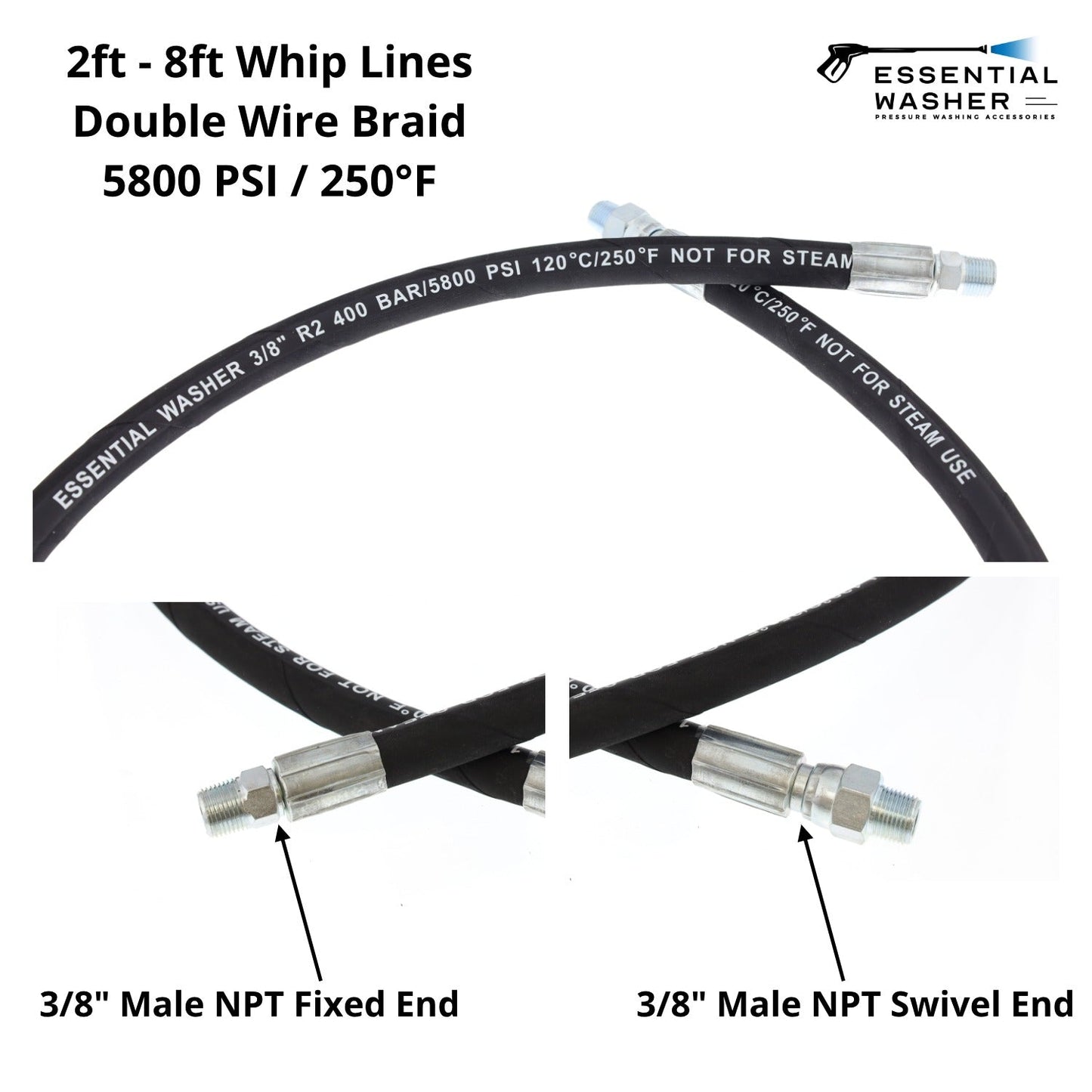 8 FT Whip Line For Pressure Washers | 3/8" 5800 PSI | Robust, Heavy Duty and Commercial Grade